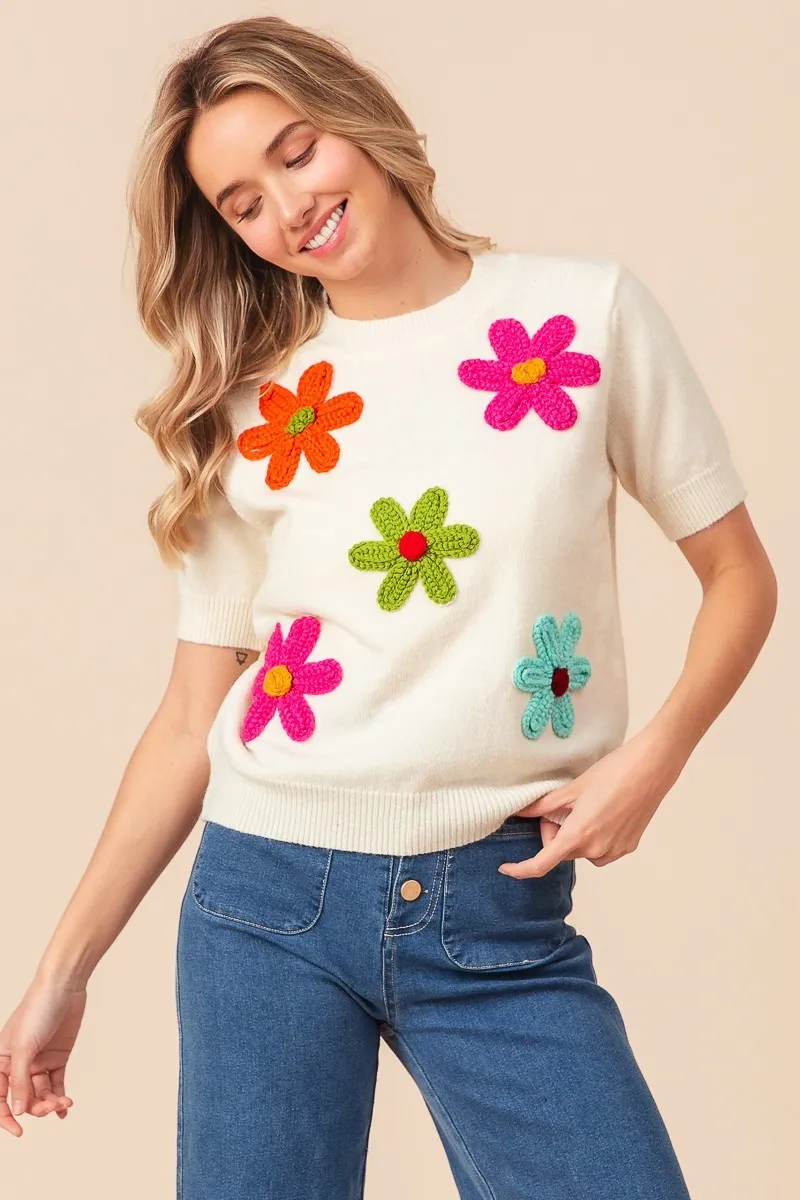 BiBi Crochet Flower Patch Sweater Top - Image 2