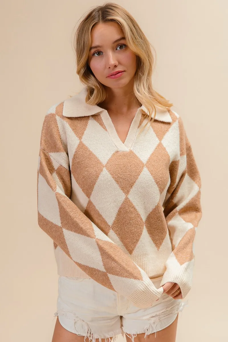 BiBi Diamond Pattern Collared Notch Neck Sweater - Image 17