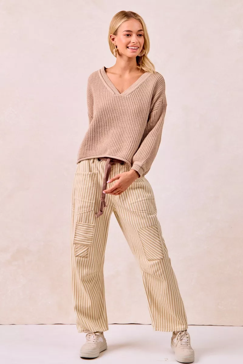 BiBi Drawstring Striped Twill Barrel Pants - Image 6