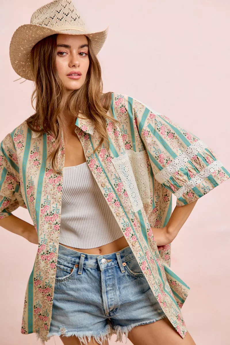 BiBi Eyelet Lace And Floral Mix And Match Shirt Top - Image 5