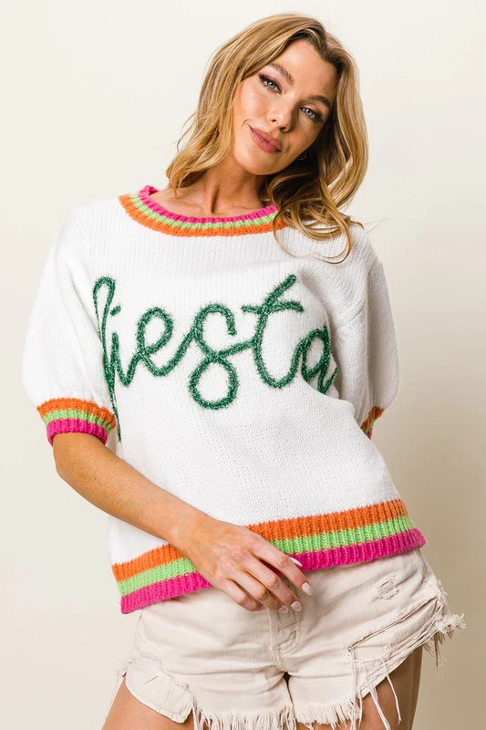BiBi FIESTA Metallic Letter Short Puff Sleeve Sweater - Image 3
