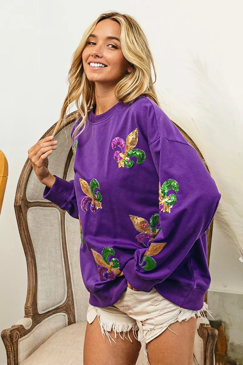 BiBi Fleur De Lis Sequin Patches Mardi Gras Sweatshirt - Image 15