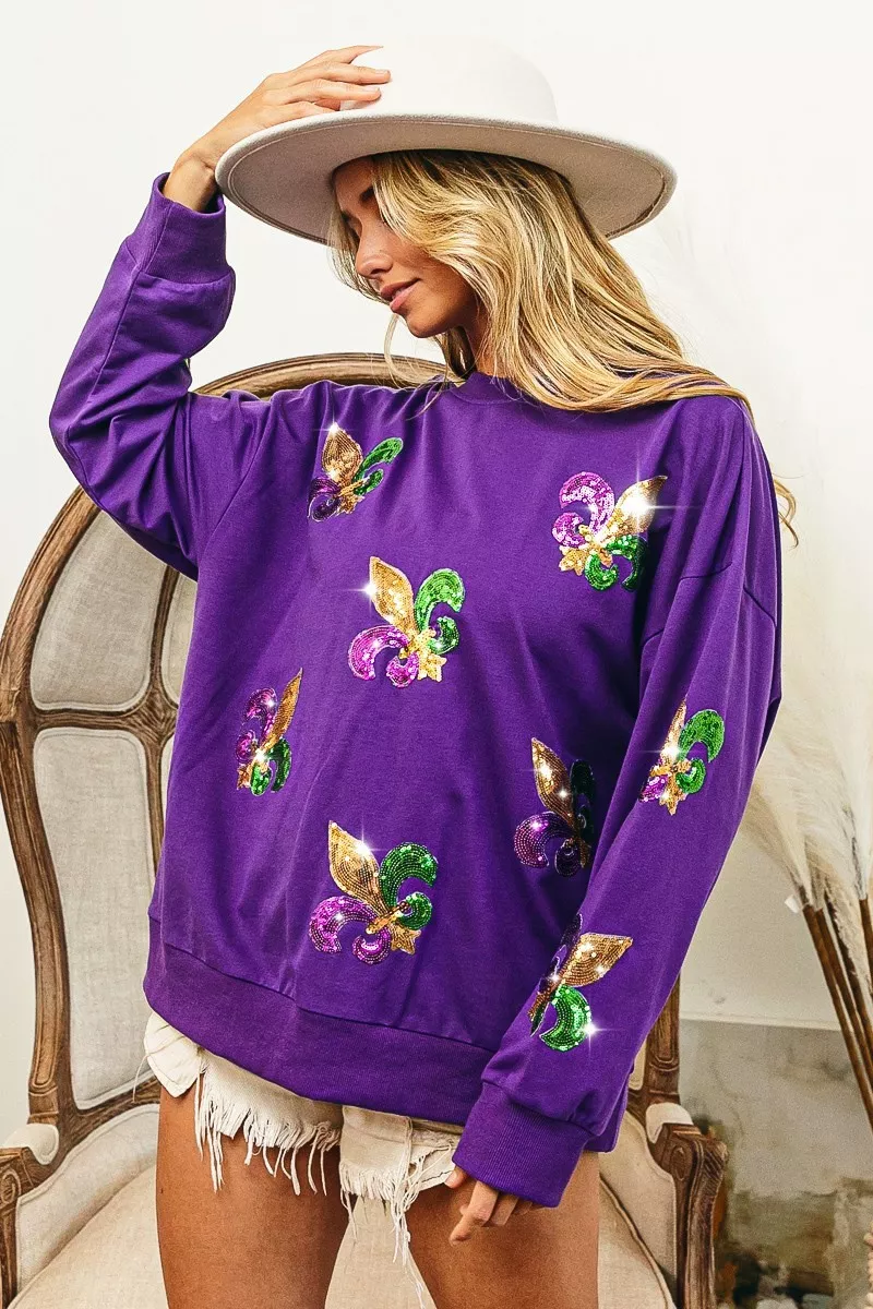 BiBi Fleur De Lis Sequin Patches Mardi Gras Sweatshirt - Image 3