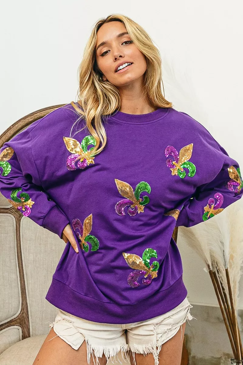 BiBi Fleur De Lis Sequin Patches Mardi Gras Sweatshirt - Image 9