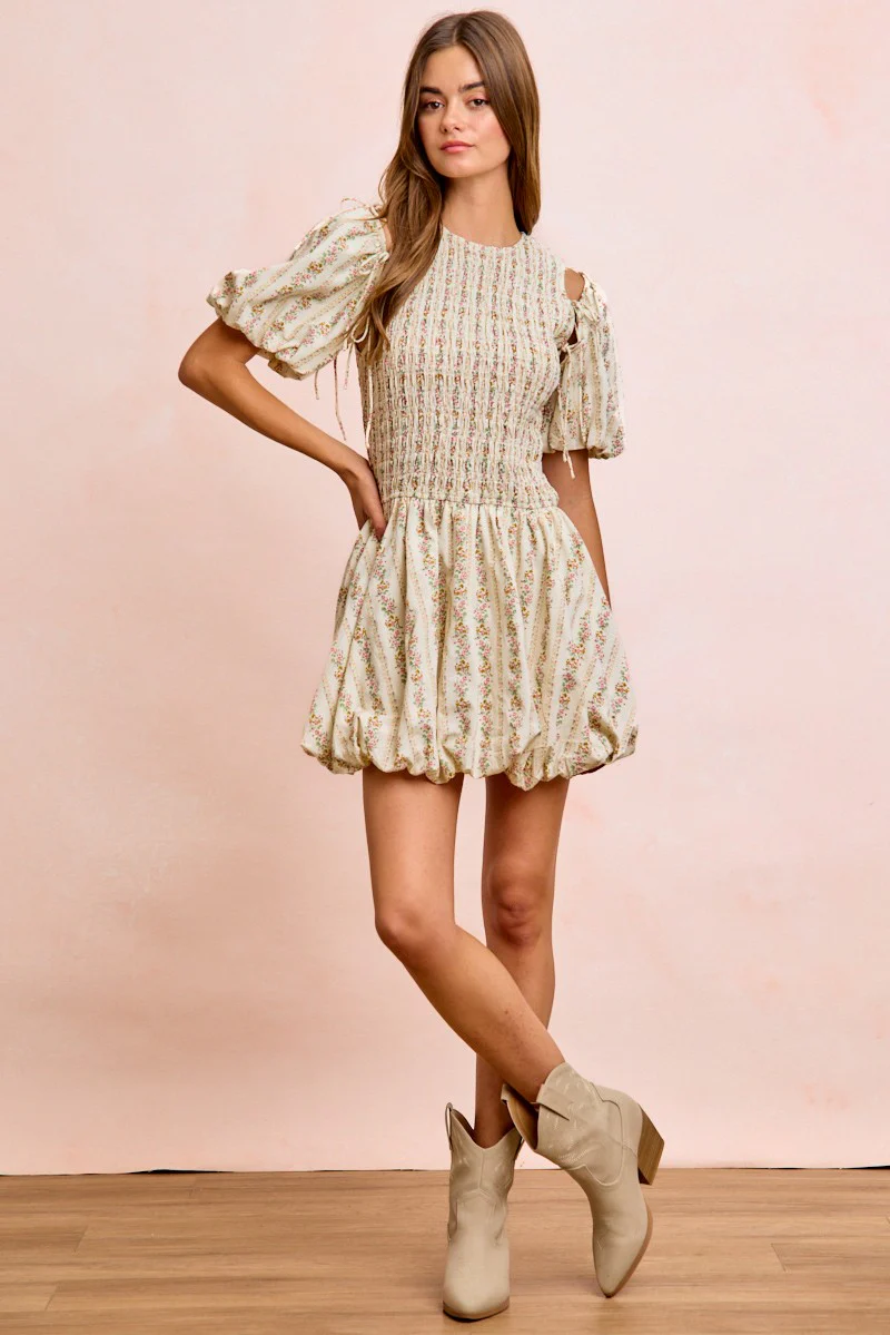 BiBi Floral Bow Tie Attachable Puff Sleeves Dress - Image 10