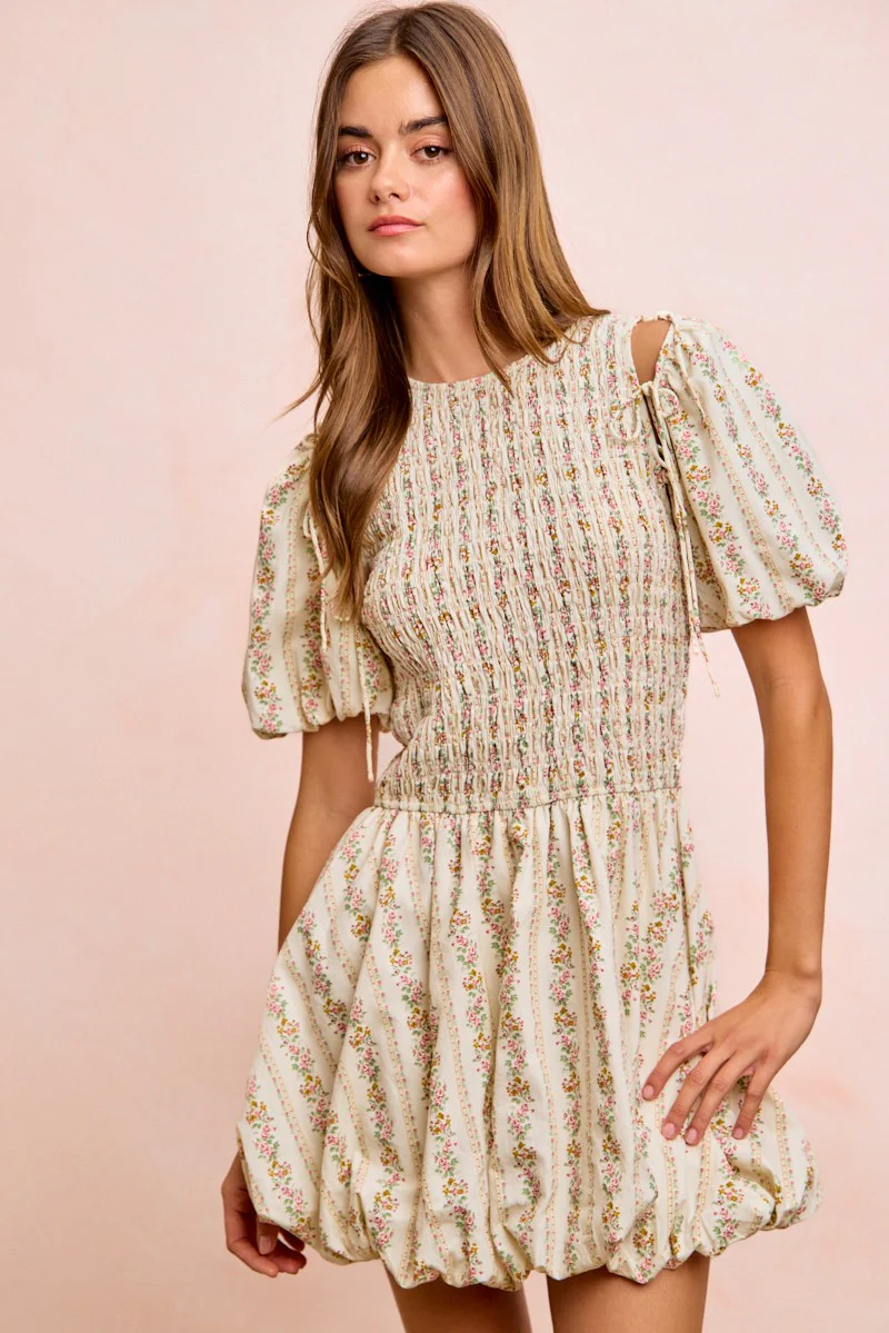 BiBi Floral Bow Tie Attachable Puff Sleeves Dress - Image 15