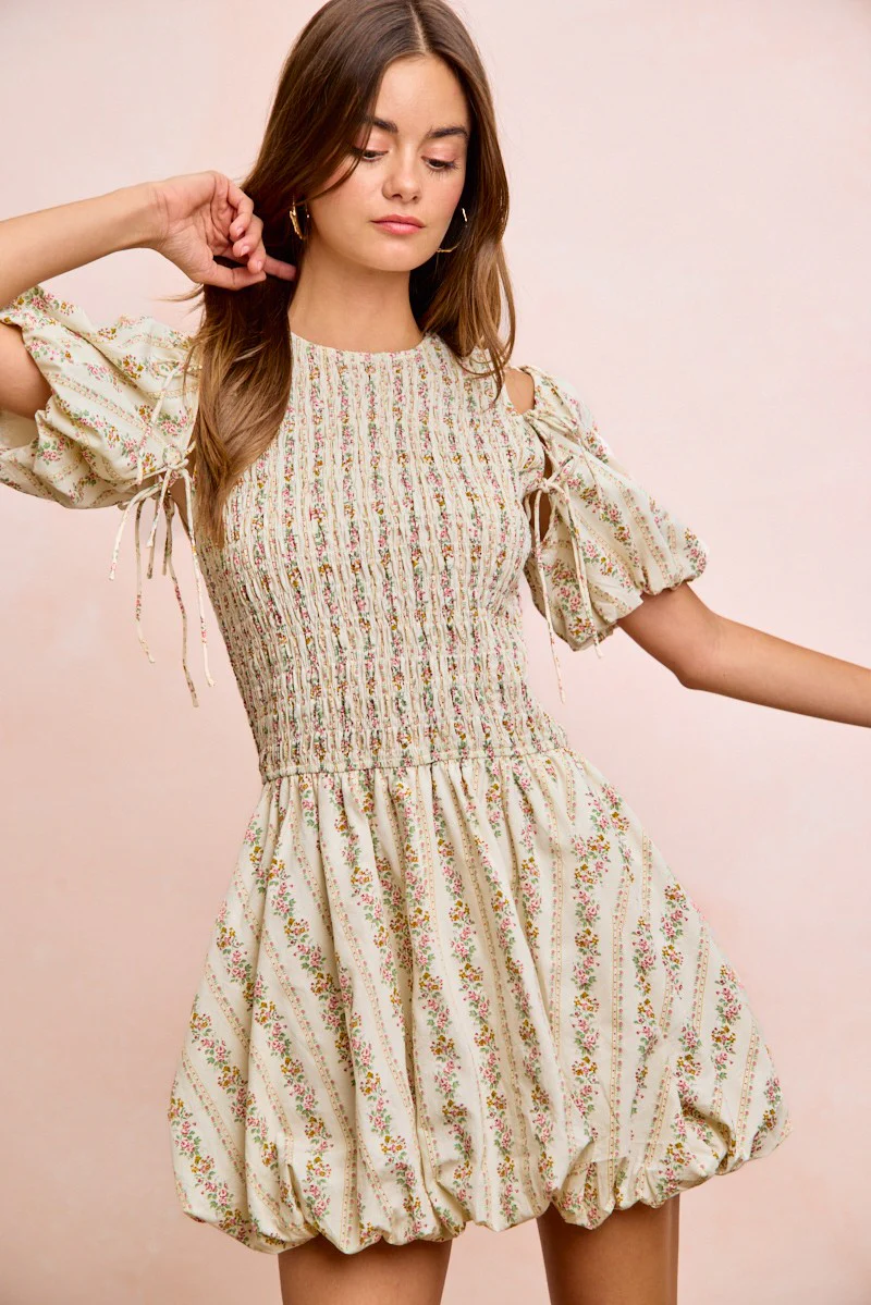 BiBi Floral Bow Tie Attachable Puff Sleeves Dress - Image 17