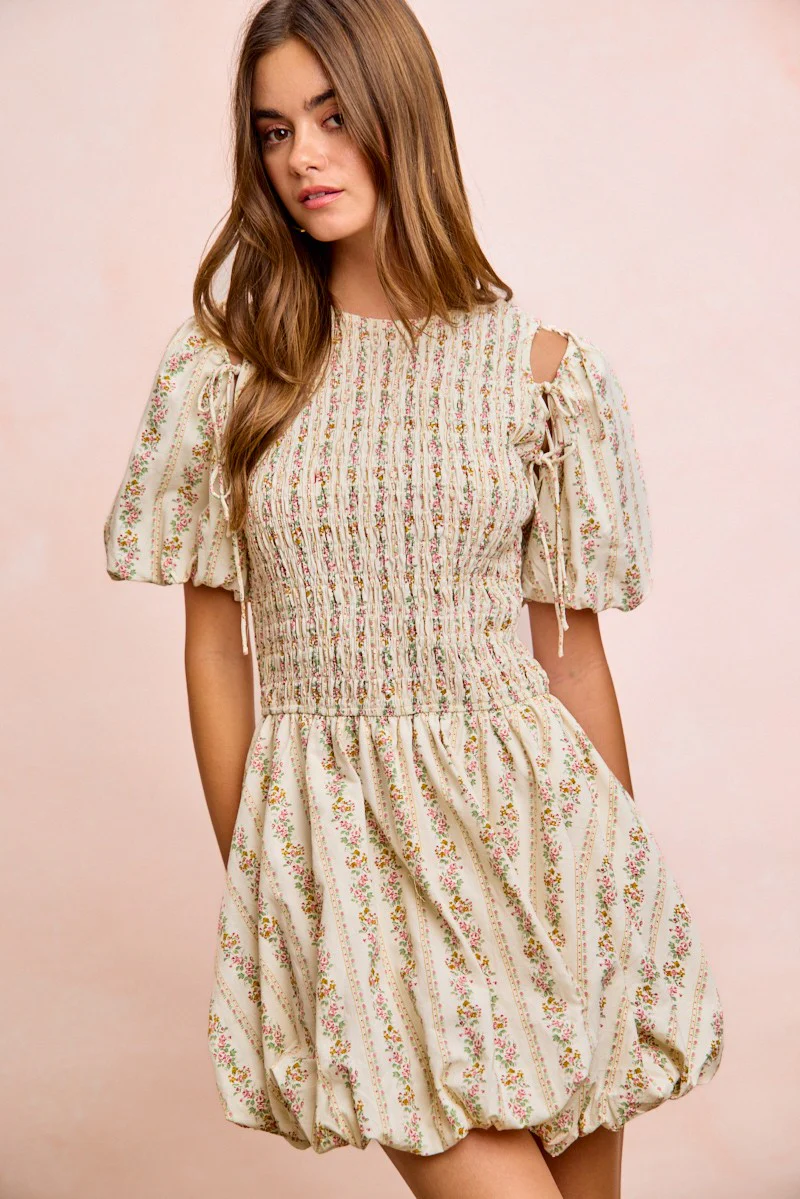 BiBi Floral Bow Tie Attachable Puff Sleeves Dress - Image 18