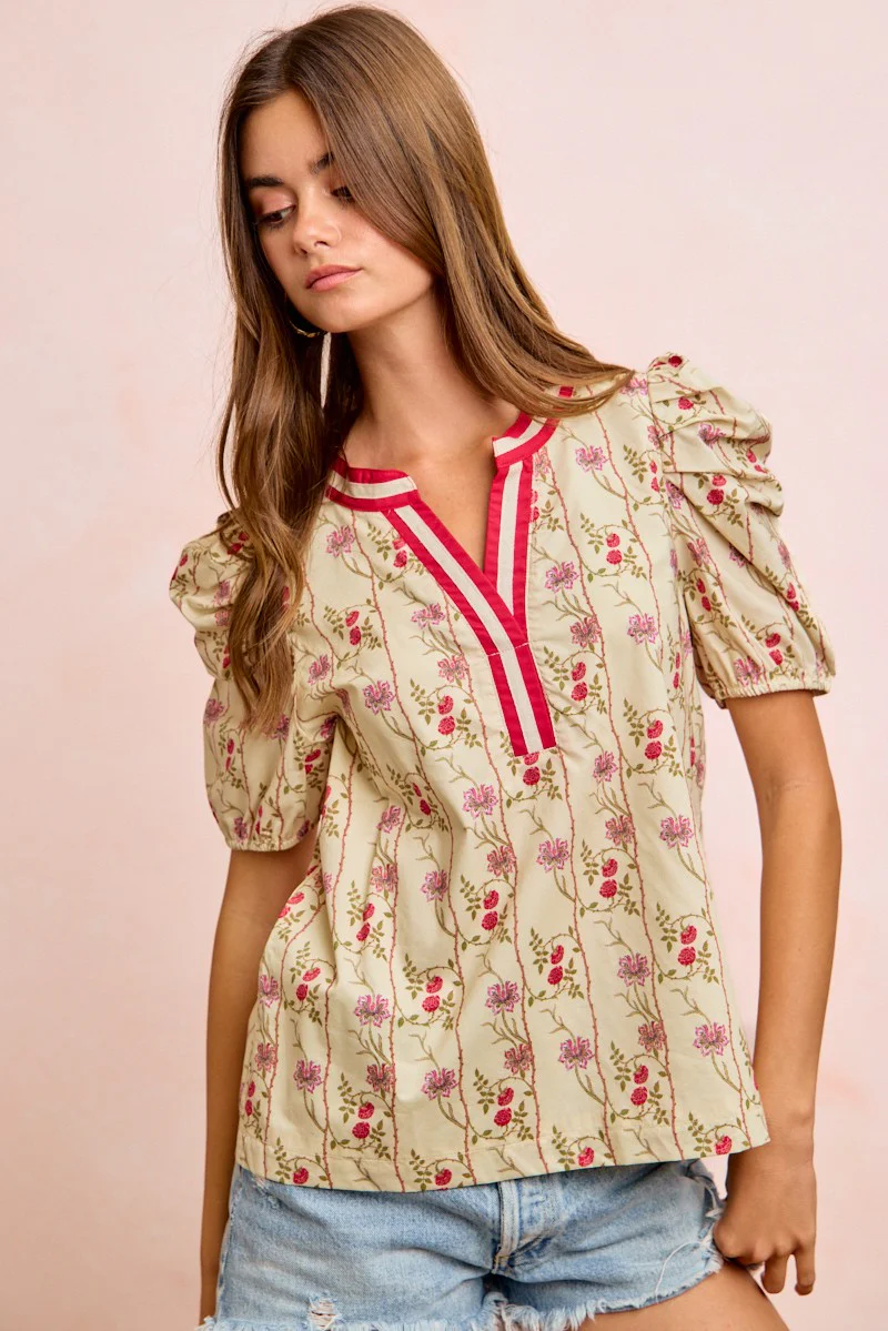 BiBi Floral Gather Sleeves Contrast Neckband Blouse Top - Image 14