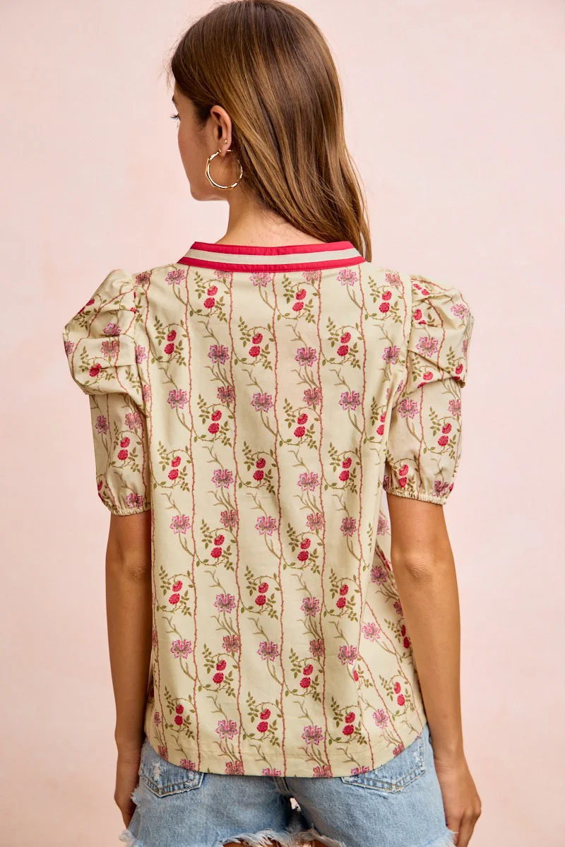 BiBi Floral Gather Sleeves Contrast Neckband Blouse Top - Image 16