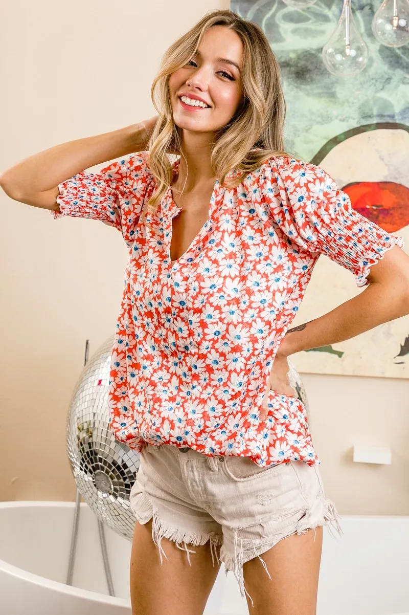 BiBi Floral Jqd Smoked Puff Sleeves V Neck Top - Image 13