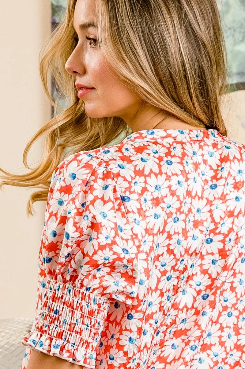 BiBi Floral Jqd Smoked Puff Sleeves V Neck Top - Image 19