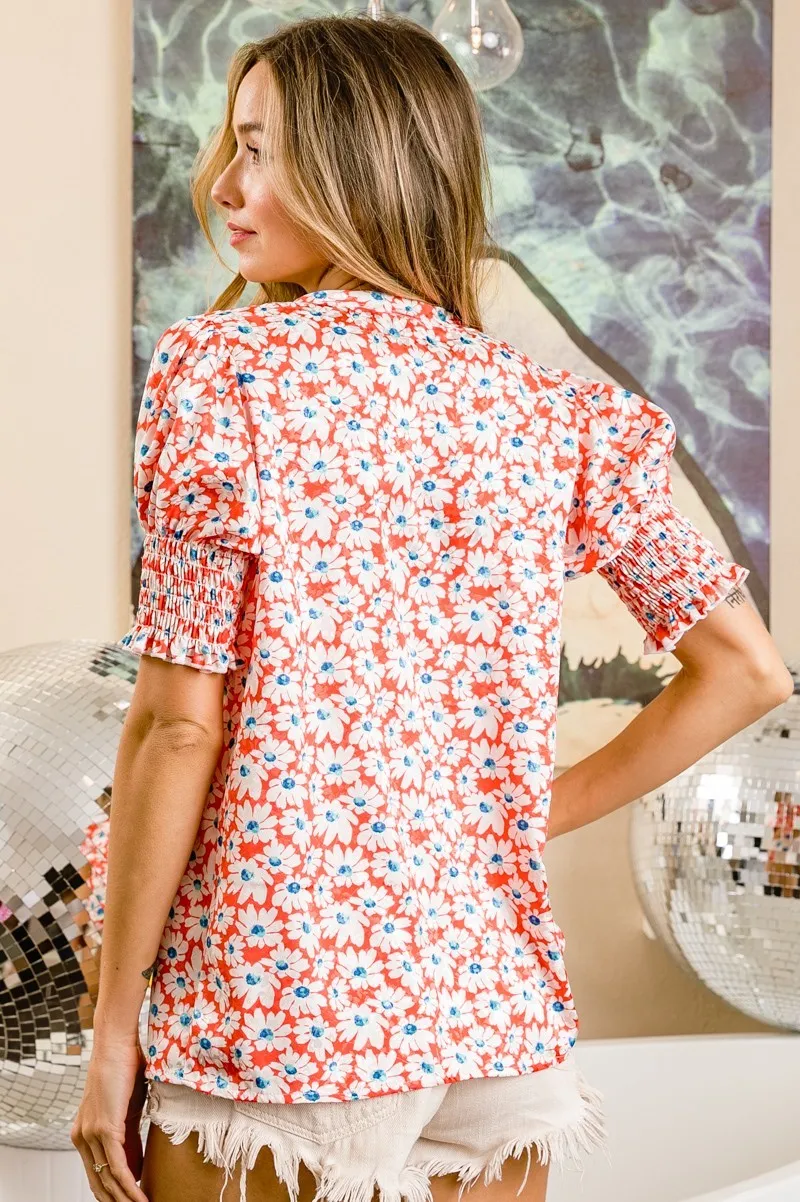 BiBi Floral Jqd Smoked Puff Sleeves V Neck Top - Image 20