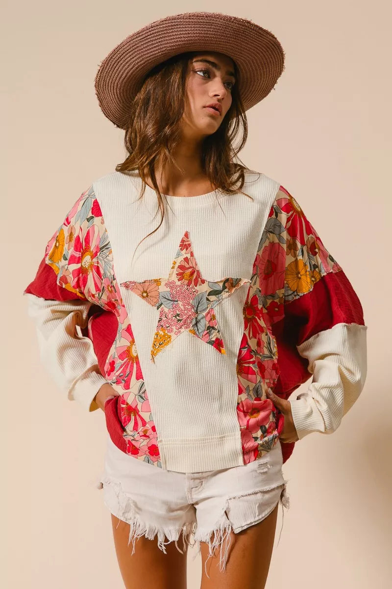 BiBi Floral Print Mixed Star Patch Round Neck Sweatshirt - Image 11