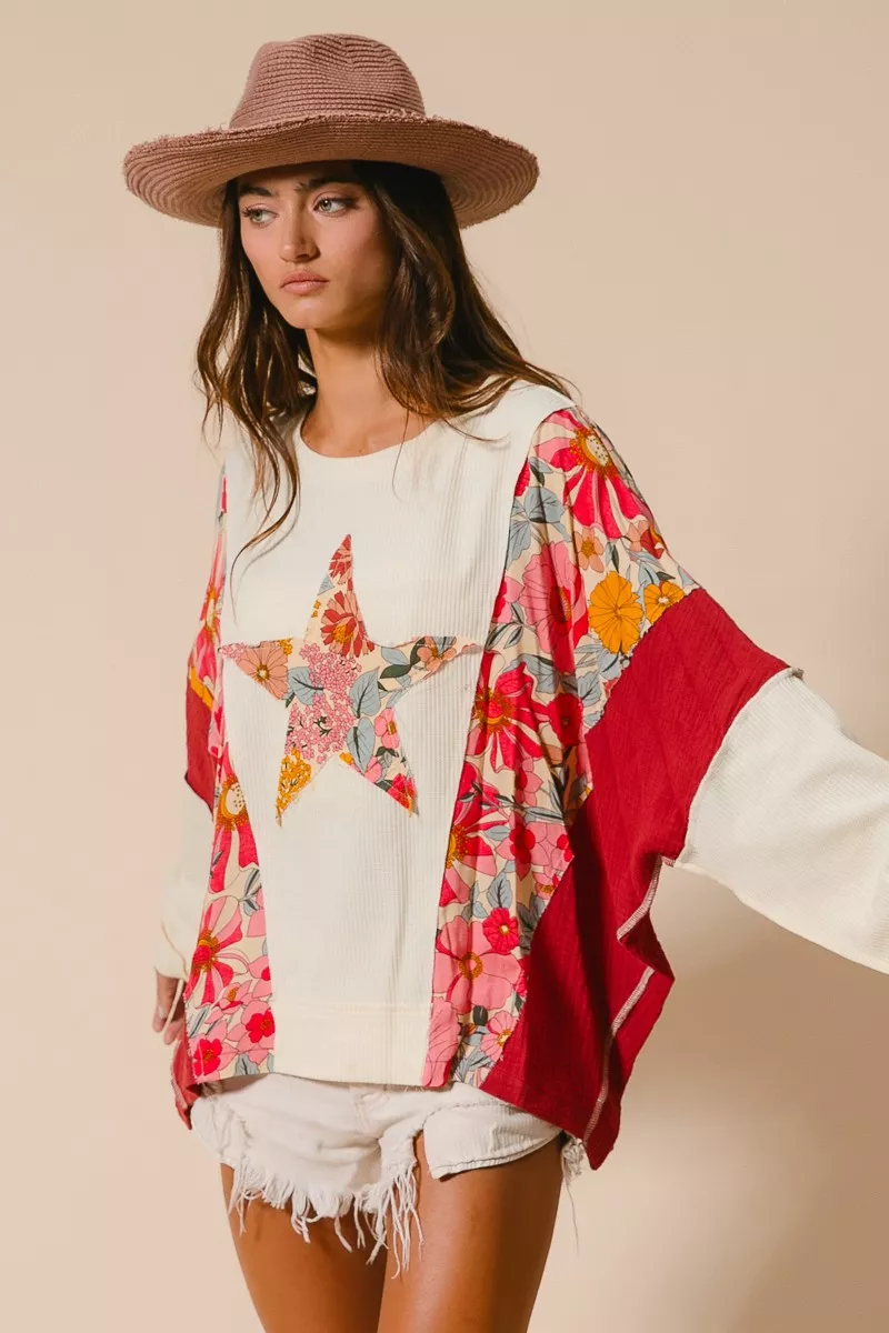 BiBi Floral Print Mixed Star Patch Round Neck Sweatshirt - Image 12