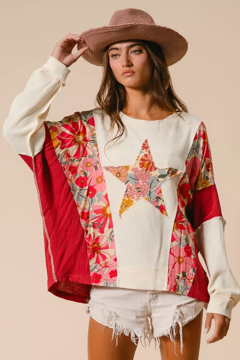 BiBi Floral Print Mixed Star Patch Round Neck Sweatshirt - Image 13