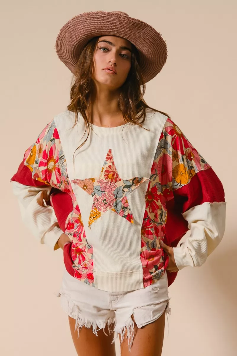 BiBi Floral Print Mixed Star Patch Round Neck Sweatshirt - Image 19