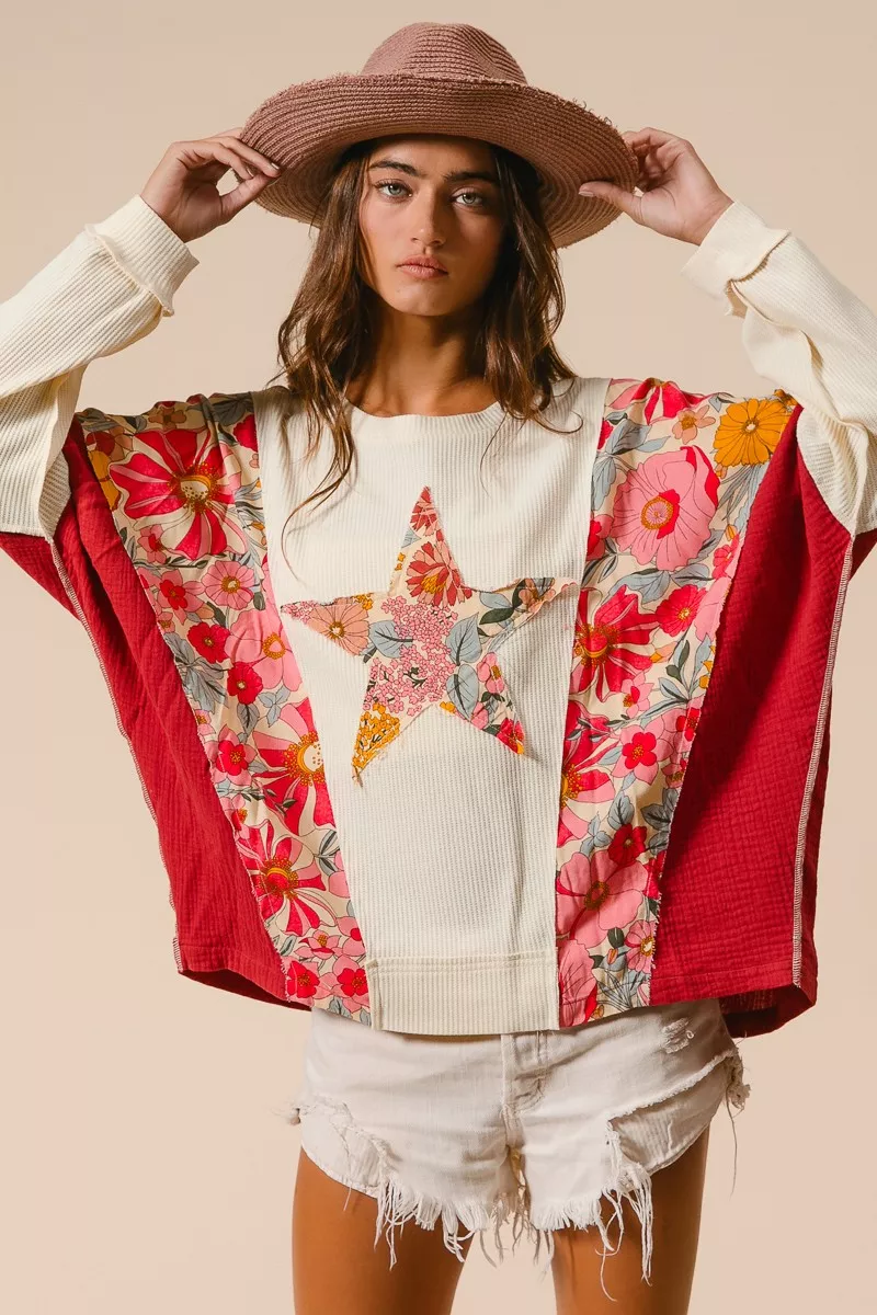 BiBi Floral Print Mixed Star Patch Round Neck Sweatshirt - Image 2