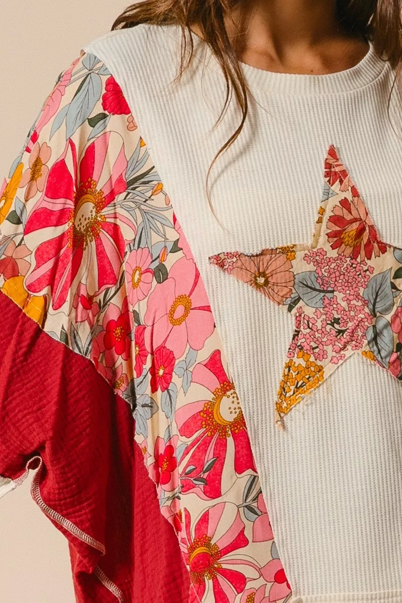 BiBi Floral Print Mixed Star Patch Round Neck Sweatshirt - Image 4