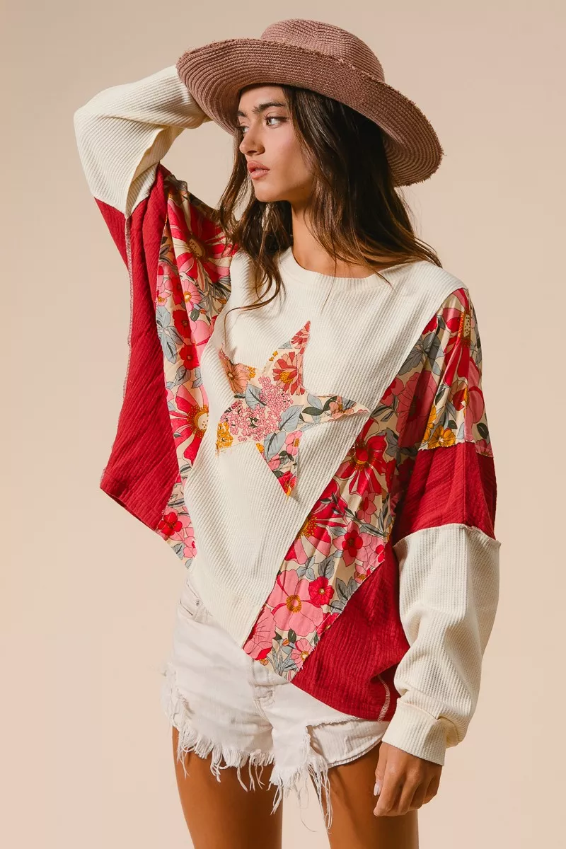 BiBi Floral Print Mixed Star Patch Round Neck Sweatshirt - Image 6