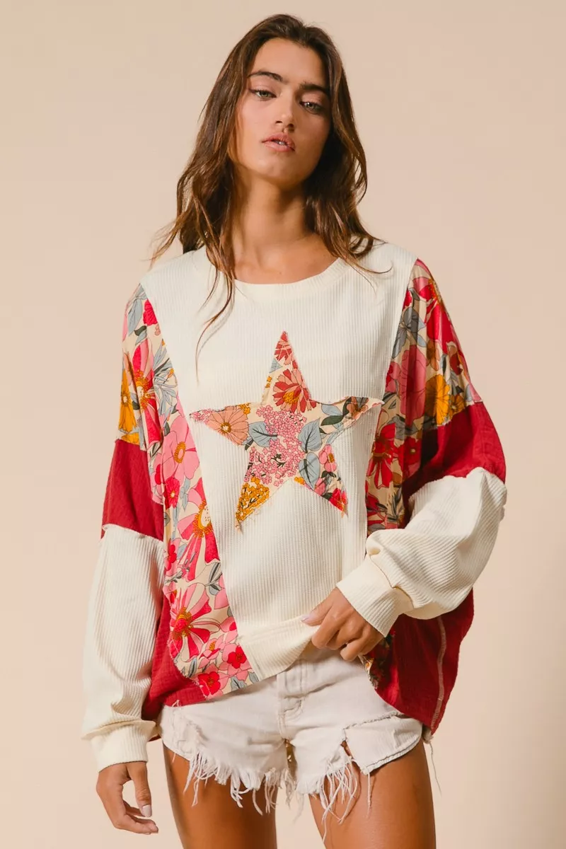 BiBi Floral Print Mixed Star Patch Round Neck Sweatshirt - Image 9