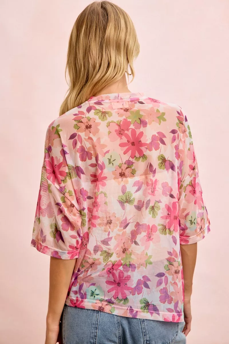 BiBi Floral Print Short Sleeves Boxy Mesh Top - Image 14