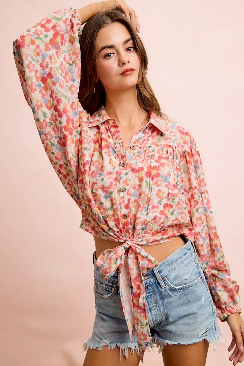 BiBi Floral Print Tie Hem Detail Crop Shirt - Image 10