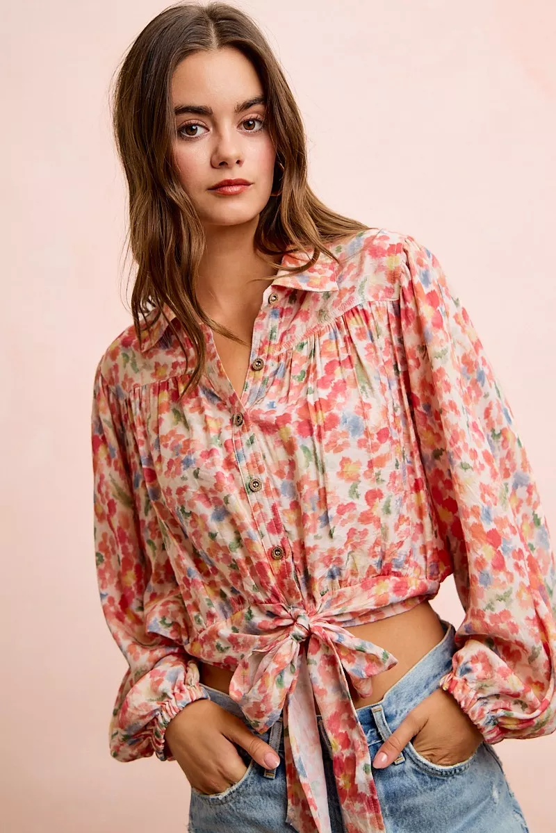 BiBi Floral Print Tie Hem Detail Crop Shirt - Image 11