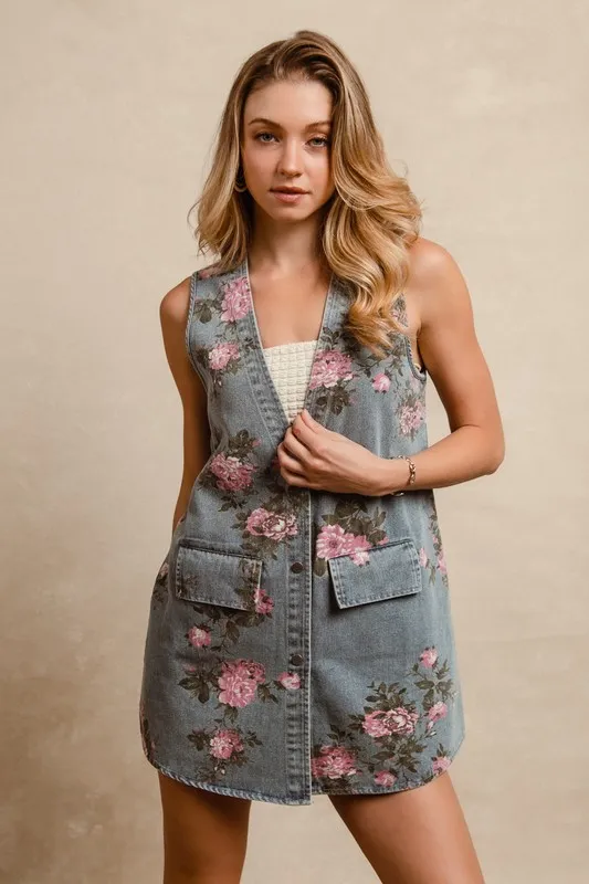 BiBi Floral Print Washed Denim Long Rider Vest - Image 5