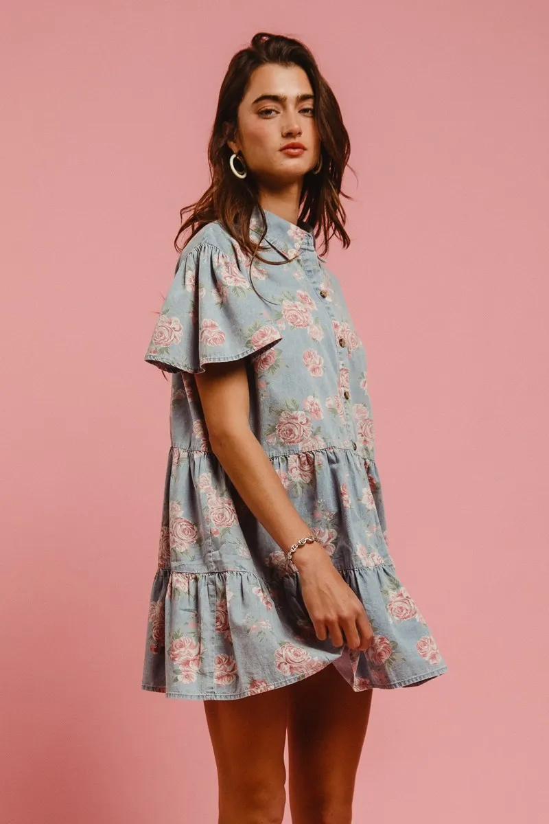 BiBi Floral Print Washed Lightweight Tiered Shirt Dress - Image 10