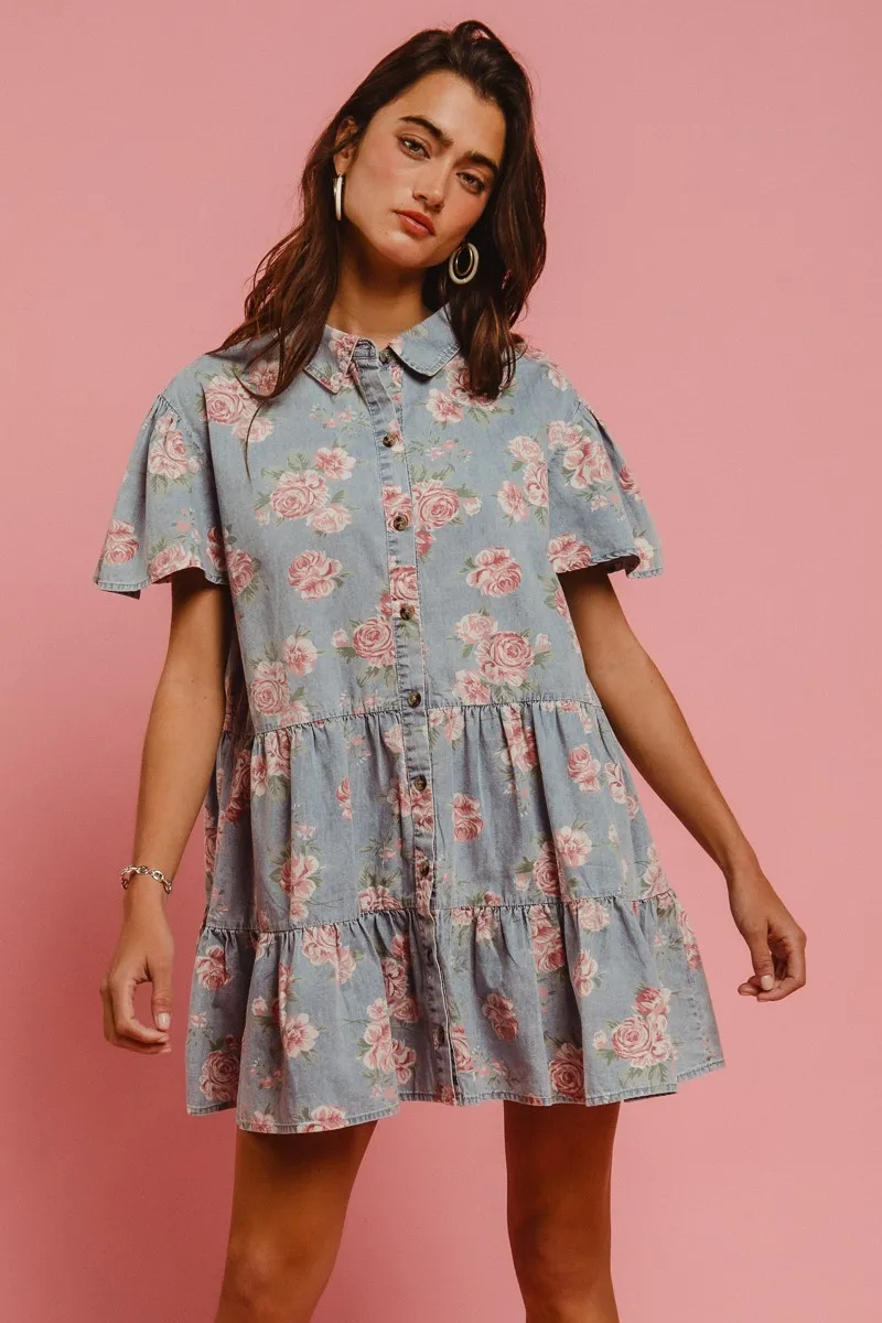 BiBi Floral Print Washed Lightweight Tiered Shirt Dress - Image 11