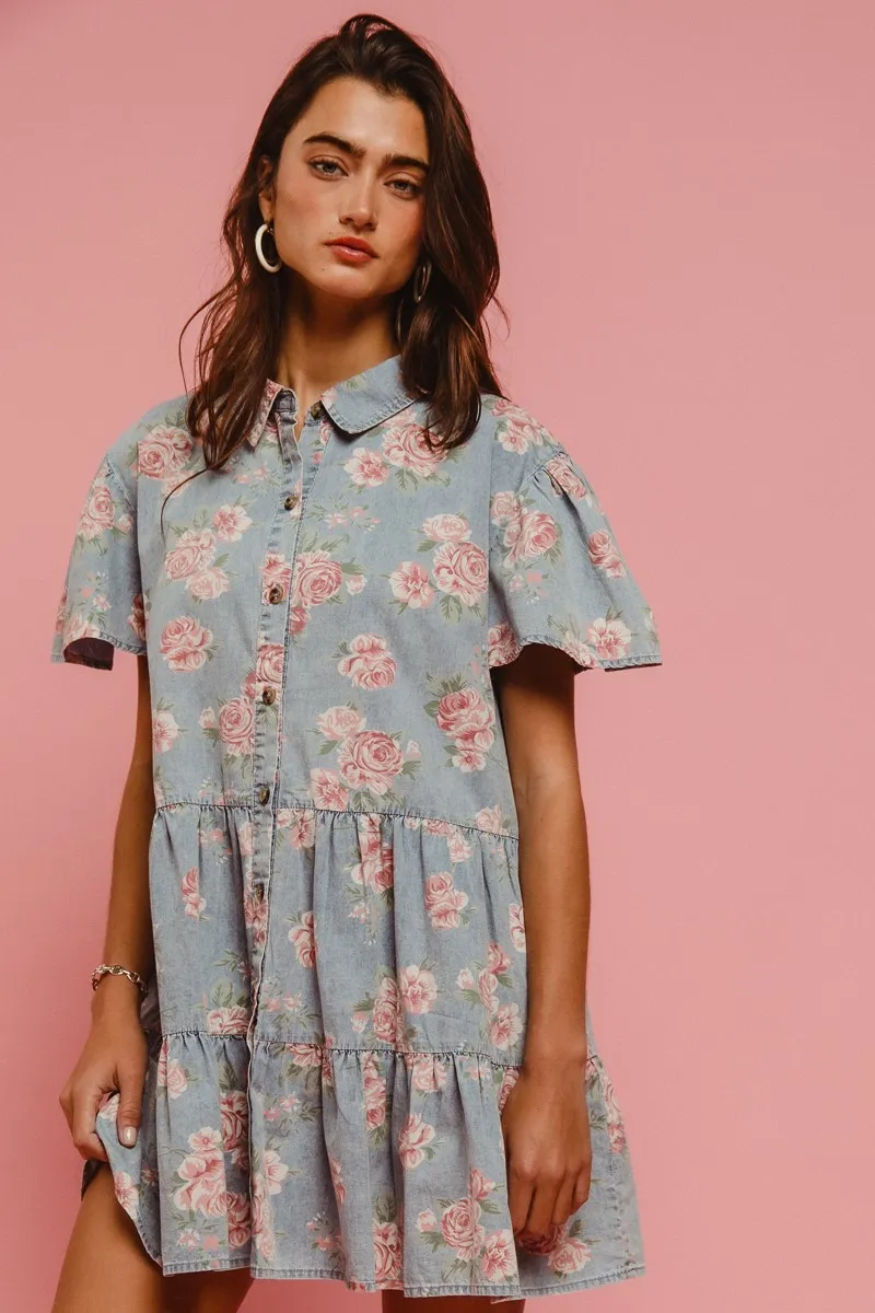 BiBi Floral Print Washed Lightweight Tiered Shirt Dress - Image 2
