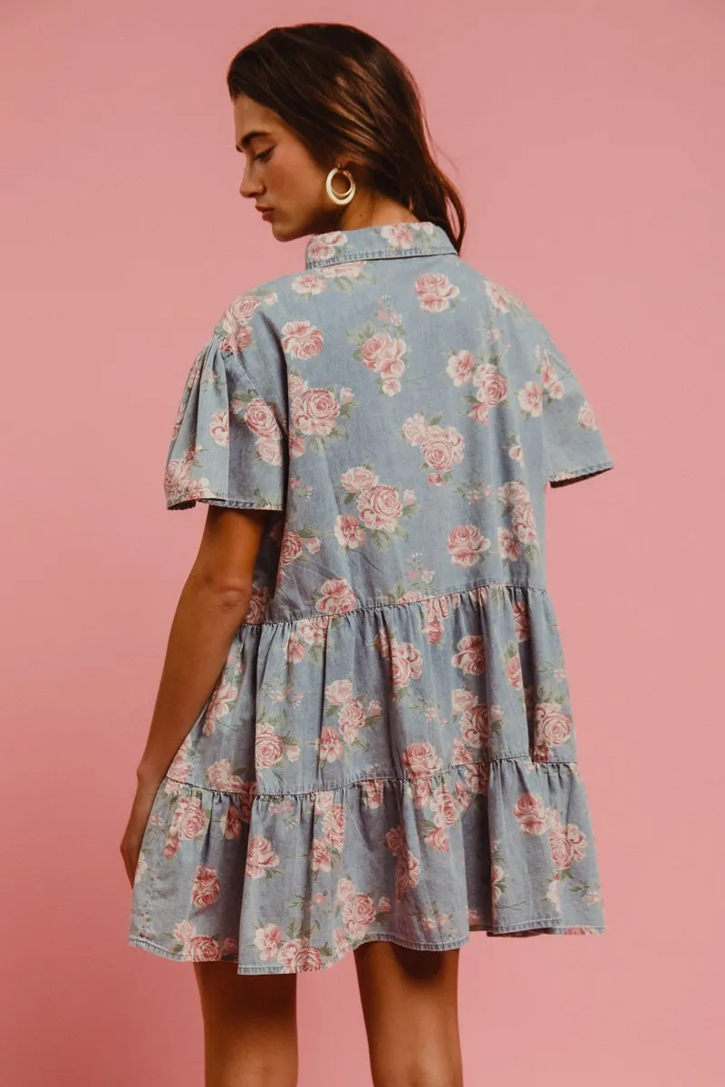 BiBi Floral Print Washed Lightweight Tiered Shirt Dress - Image 4