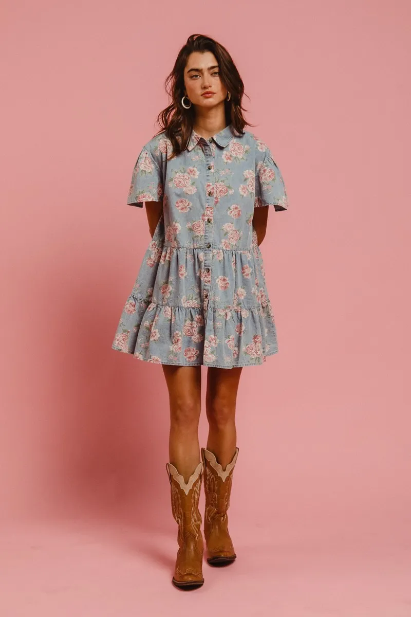 BiBi Floral Print Washed Lightweight Tiered Shirt Dress - Image 5