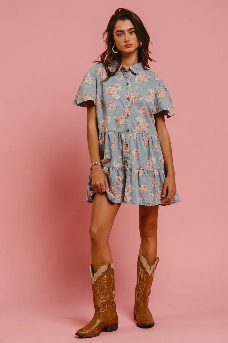 BiBi Floral Print Washed Lightweight Tiered Shirt Dress - Image 6