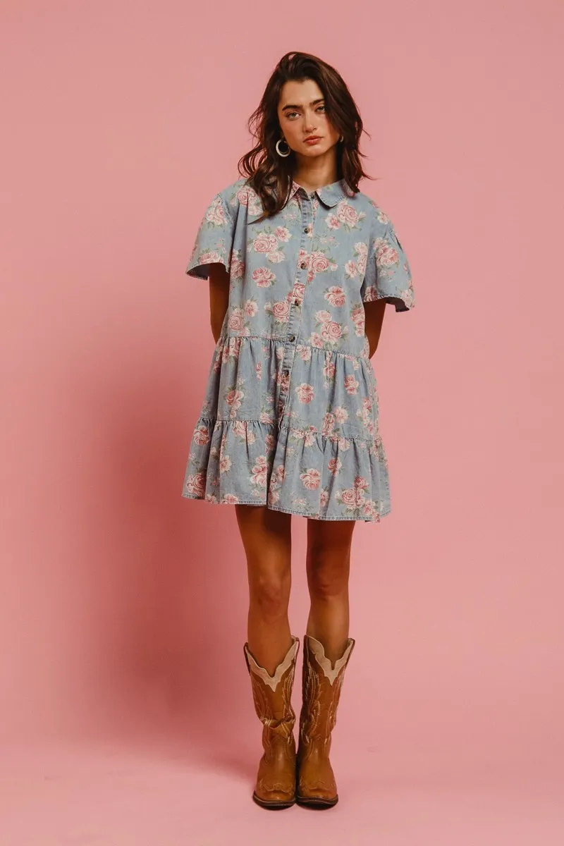 BiBi Floral Print Washed Lightweight Tiered Shirt Dress - Image 7