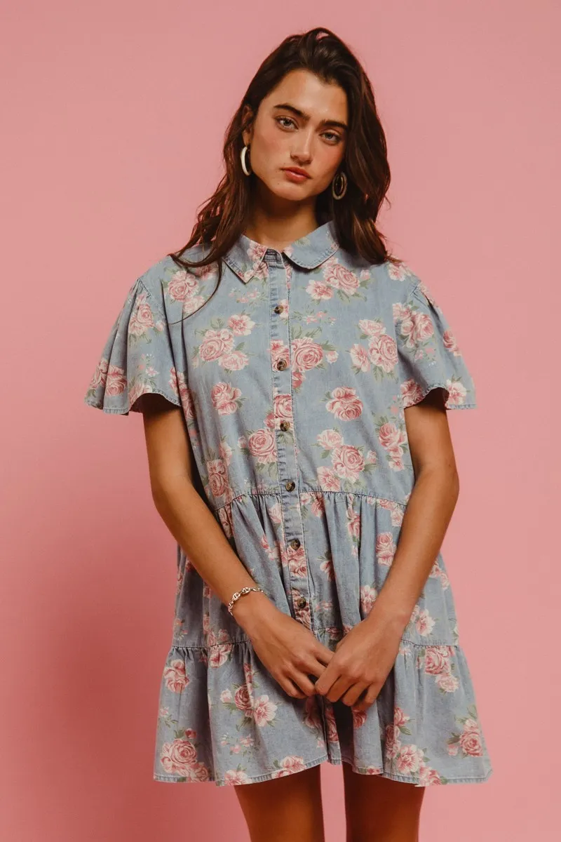 BiBi Floral Print Washed Lightweight Tiered Shirt Dress - Image 8