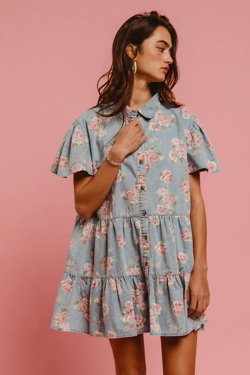 BiBi Floral Print Washed Lightweight Tiered Shirt Dress - Image 9