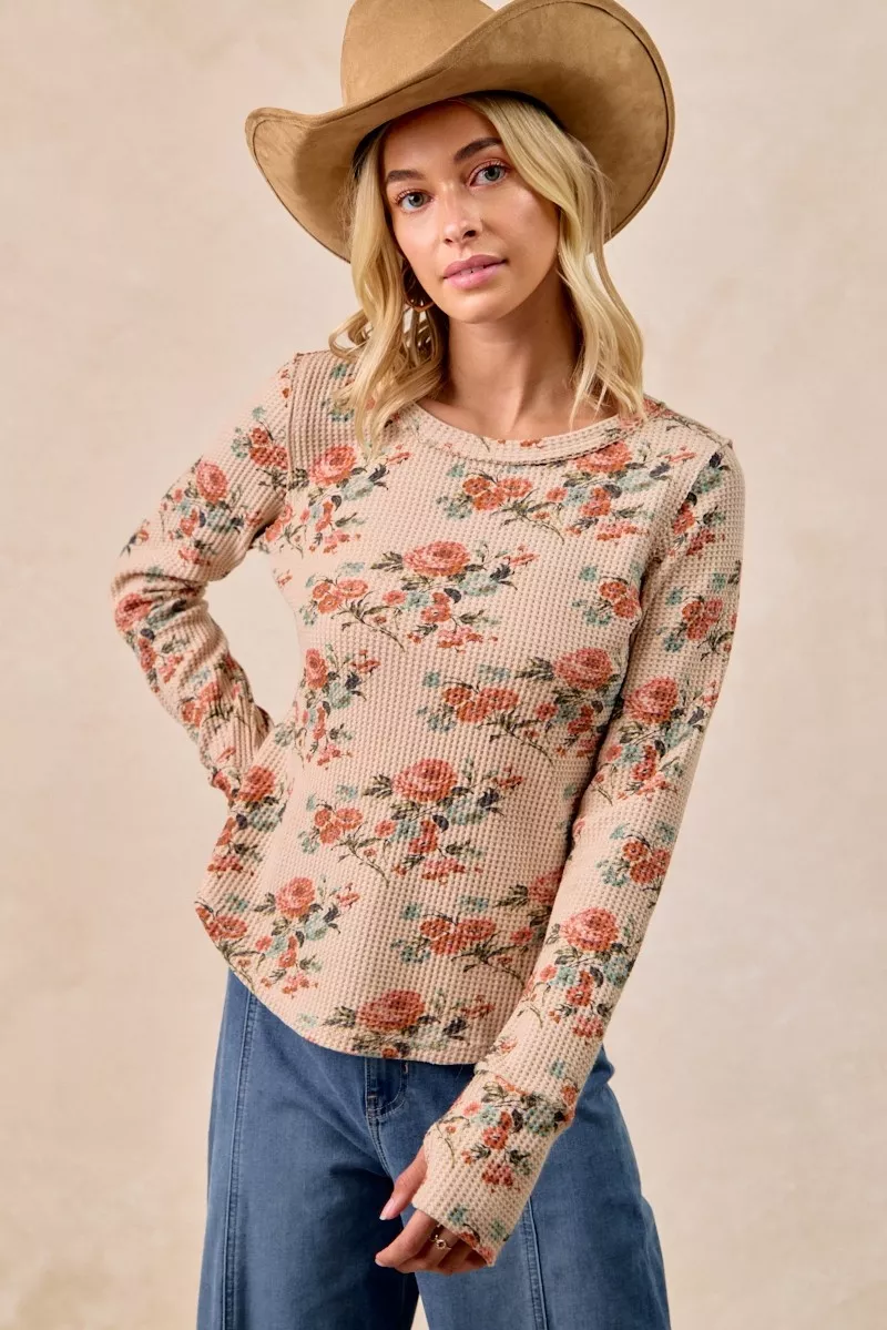 BiBi Floral Print Washed Waffle Thermal Top with Thumb - Image 7