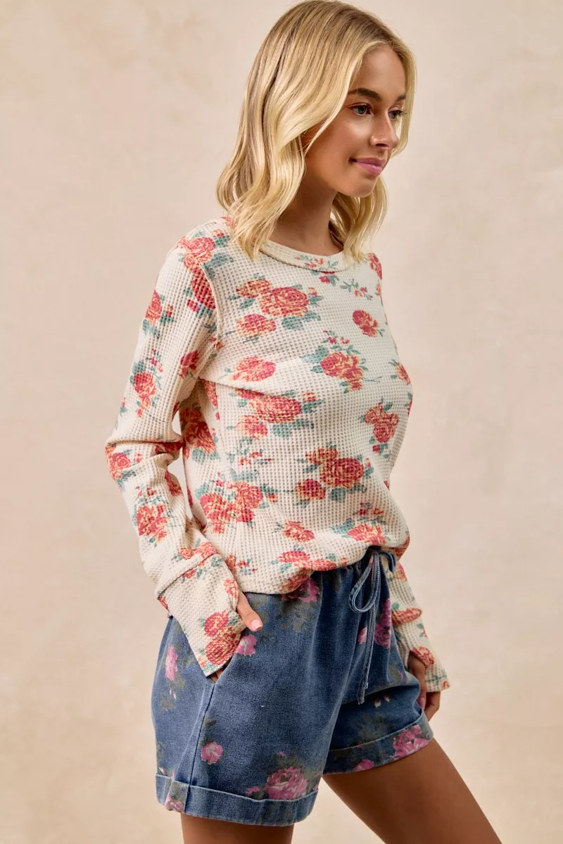 BiBi Floral Print Washed Waffle Thermal Top With Thumb - Image 10