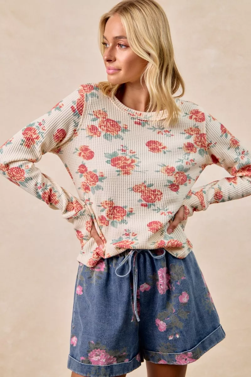 BiBi Floral Print Washed Waffle Thermal Top With Thumb - Image 11