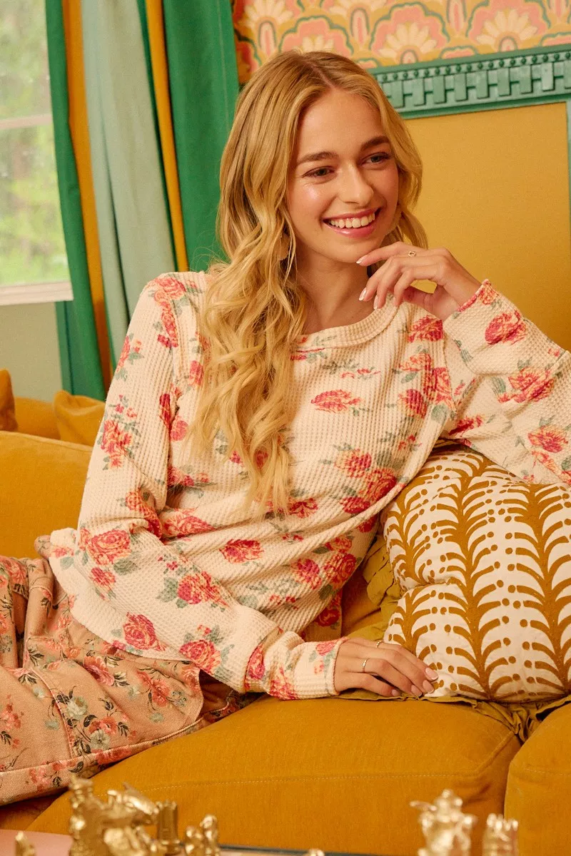 BiBi Floral Print Washed Waffle Thermal Top With Thumb - Image 22