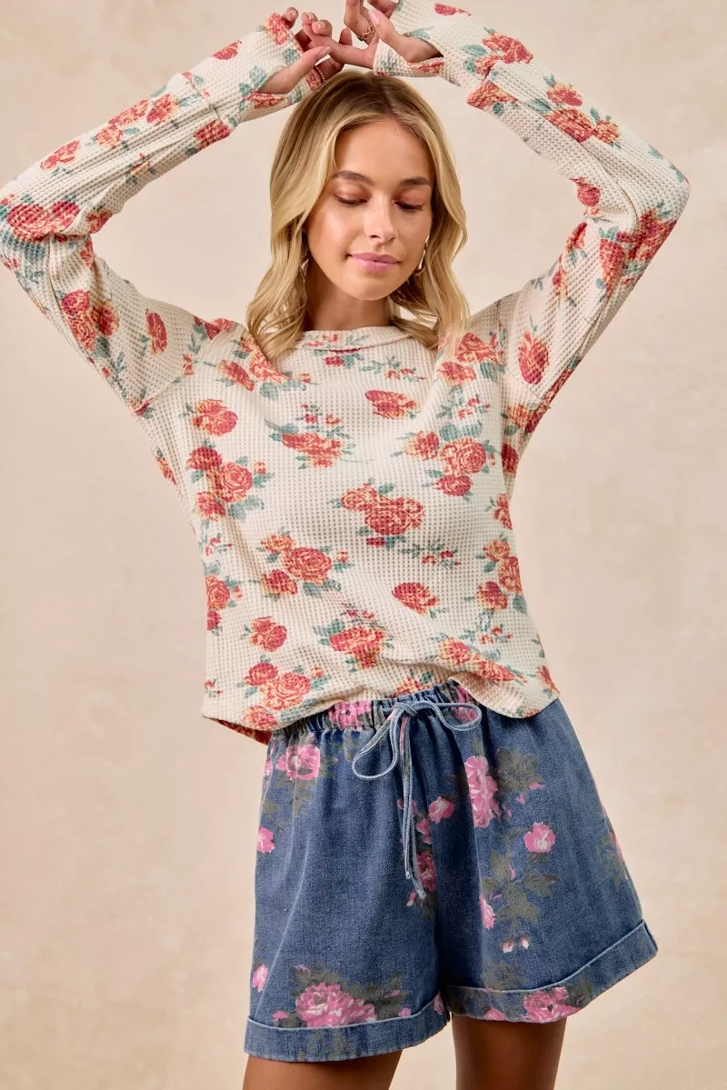 BiBi Floral Print Washed Waffle Thermal Top With Thumb - Image 4