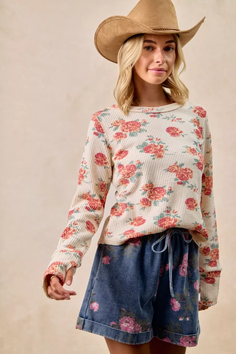 BiBi Floral Print Washed Waffle Thermal Top With Thumb - Image 6