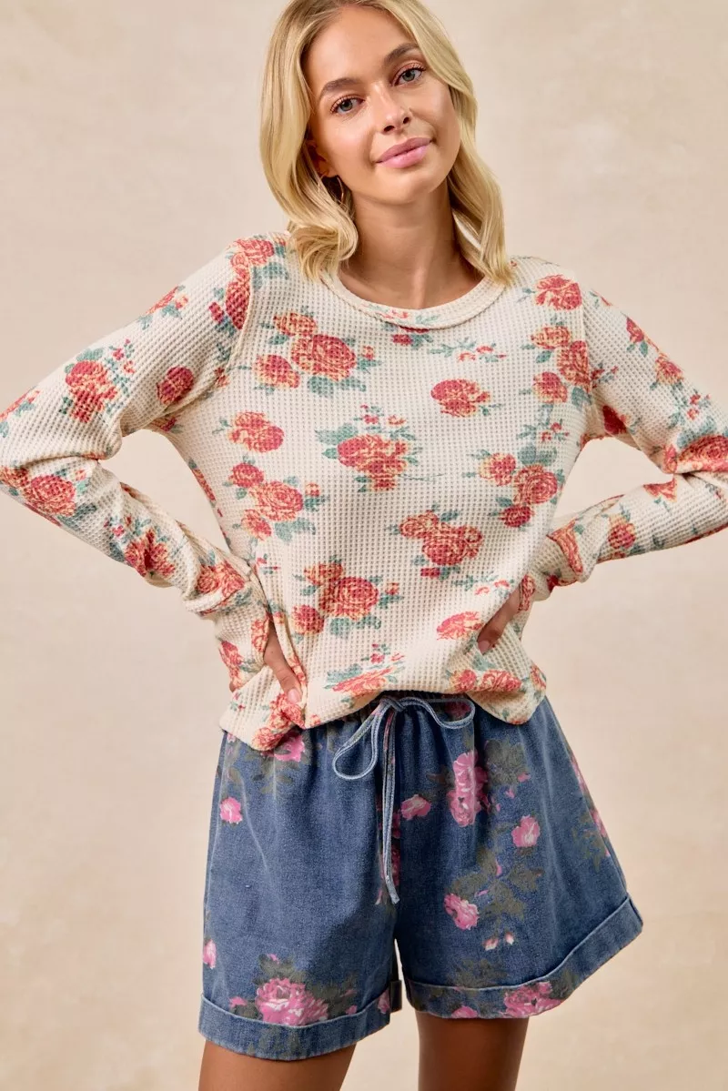 BiBi Floral Print Washed Waffle Thermal Top With Thumb - Image 9
