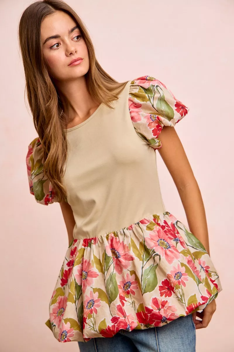 BiBi Floral Printed Bubble Sleeves and Hem Peplum Top - Image 10