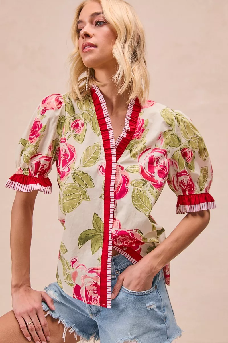 BiBi Floral Printed Woven Contrast Edge Ruffled Blouse - Image 5