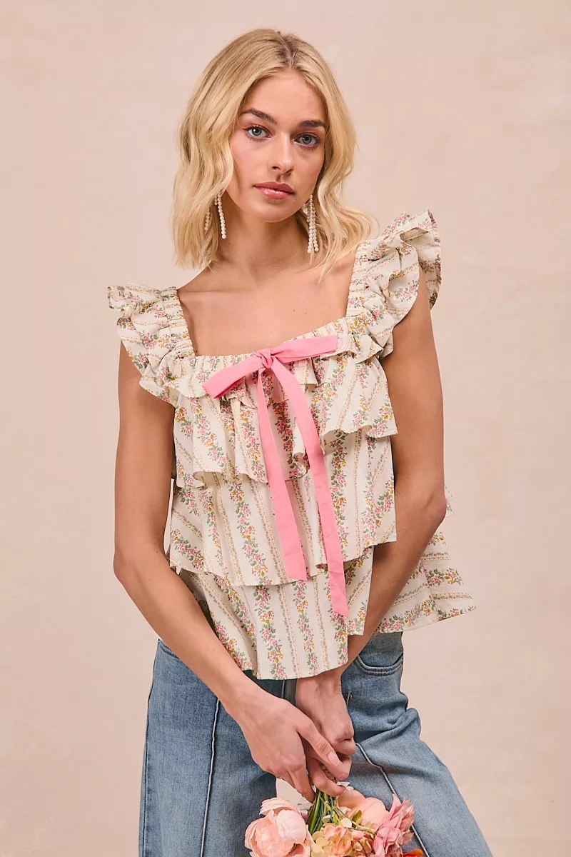 BiBi Floral Printed Woven Front Bow Tied Ruffled Square Neck Sleeveless Top - Image 5
