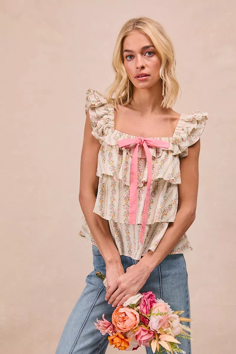 BiBi Floral Printed Woven Front Bow Tied Ruffled Square Neck Sleeveless Top - Image 7