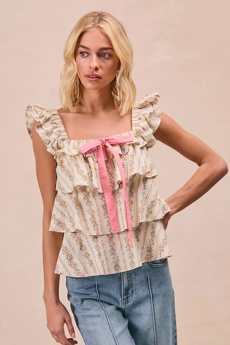BiBi Floral Printed Woven Front Bow Tied Ruffled Square Neck Sleeveless Top - Image 8
